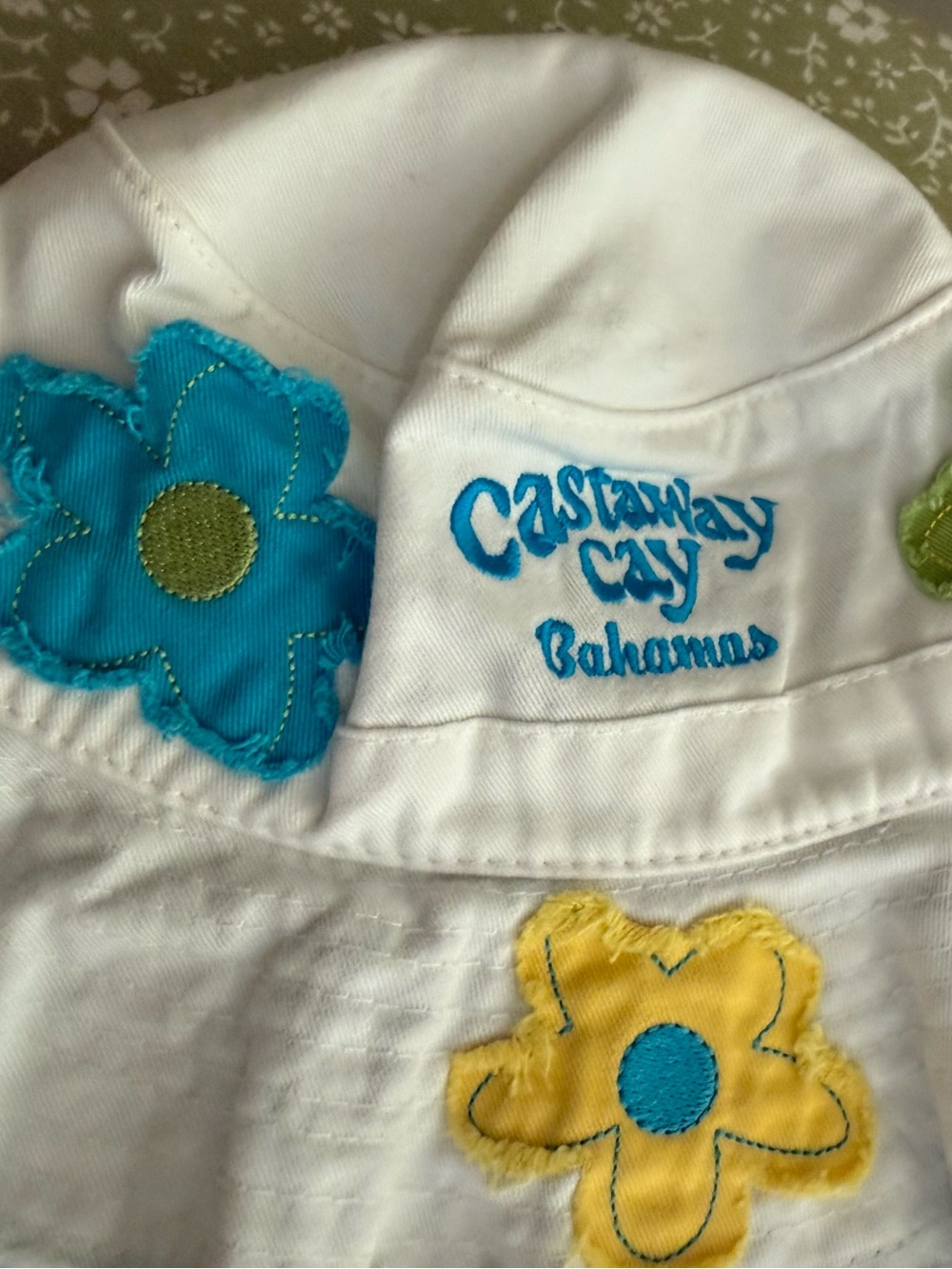 Disney Castaway Cay Bahamas White Hat with Blue and Yellow Flower Appliqués